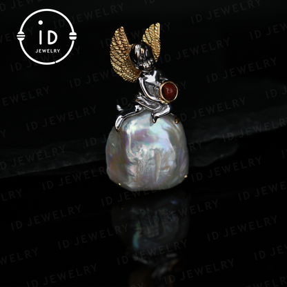 Handmade Angel Pendant | Baroque Pearl Jewelry with Carnelian | Amulet Gift | Fantasy Art Jewelry