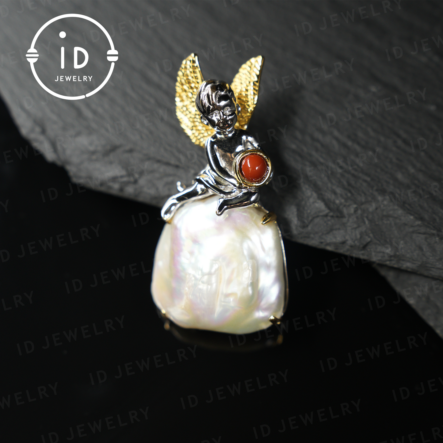 Handmade Angel Pendant | Baroque Pearl Jewelry with Carnelian | Amulet Gift | Fantasy Art Jewelry