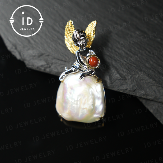 Handmade Angel Pendant | Baroque Pearl Jewelry with Carnelian | Amulet Gift | Fantasy Art Jewelry