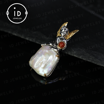 Handmade Angel Pendant | Baroque Pearl Jewelry with Carnelian | Amulet Gift | Fantasy Art Jewelry