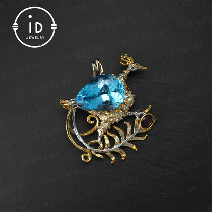 Handmade Peacock Brooch Pendant | Natural Topaz Jewelry | Luxurious Animal Design | Gold-Plated Vintage Pendant