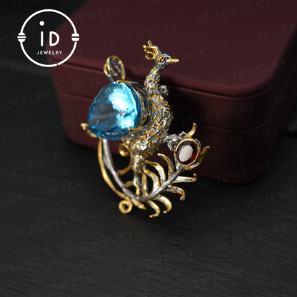 Handmade Peacock Brooch Pendant | Natural Topaz Jewelry | Luxurious Animal Design | Gold-Plated Vintage Pendant