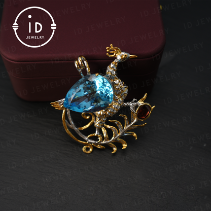 Handmade Peacock Brooch Pendant | Natural Topaz Jewelry | Luxurious Animal Design | Gold-Plated Vintage Pendant