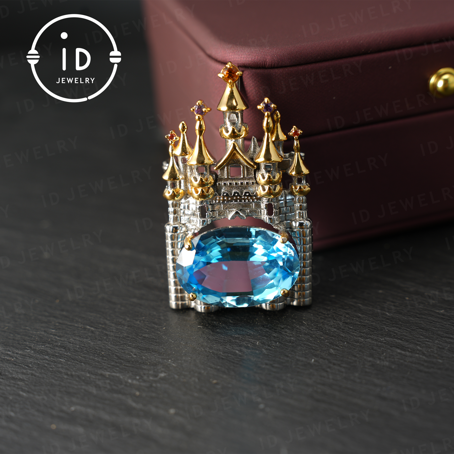 Natural topaz castle pendant | dual-purpose brooch | gold-plated | luxury jewelry | women's gift