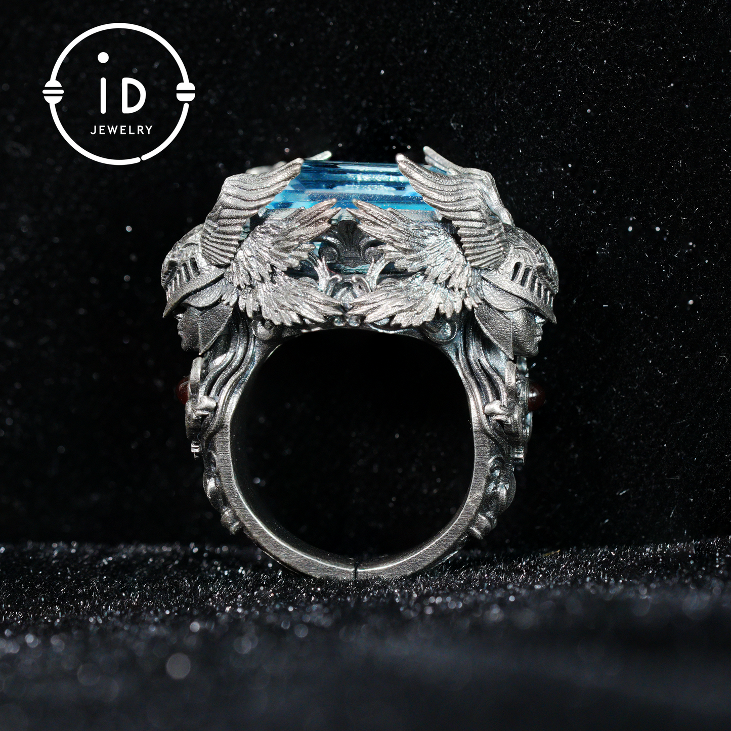 Valkyrie Ring | Blue Topa Stone winged Helmet Design | Nordic Mythical Warrior Goddess Style Handmade Ring