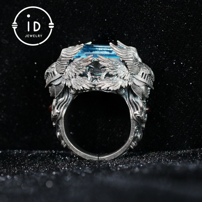 Valkyrie Ring | Blue Topa Stone winged Helmet Design | Nordic Mythical Warrior Goddess Style Handmade Ring