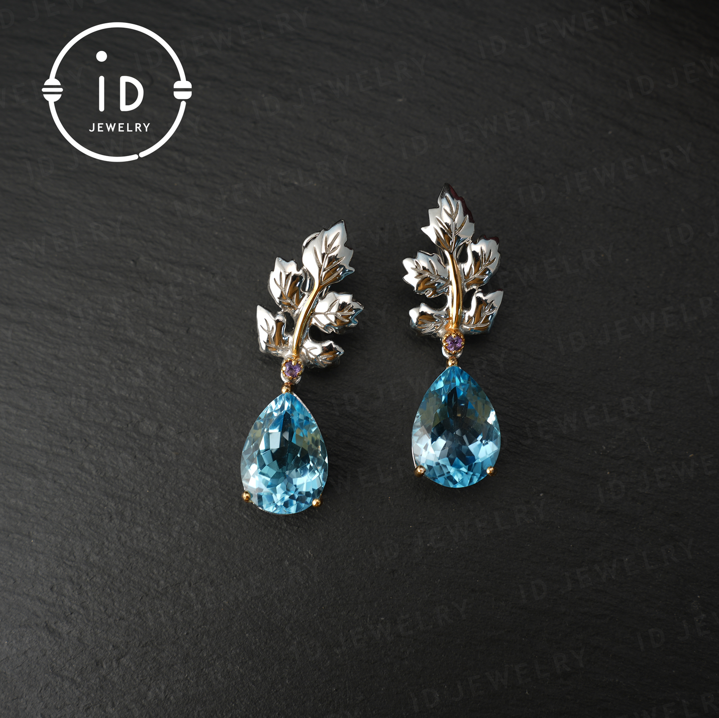 Handmade Blue Topaz Earrings | Nature-Inspired Leaf Earrings | Vintage Style | 18K Gold Plated| Elegant Jewelry| Gift for Her