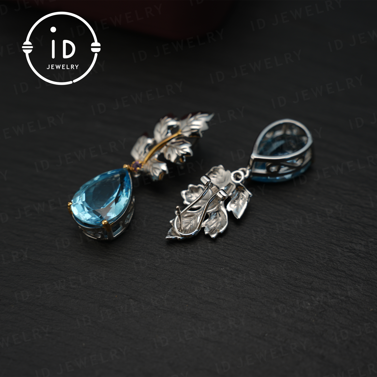 Handmade Blue Topaz Earrings | Nature-Inspired Leaf Earrings | Vintage Style | 18K Gold Plated| Elegant Jewelry| Gift for Her