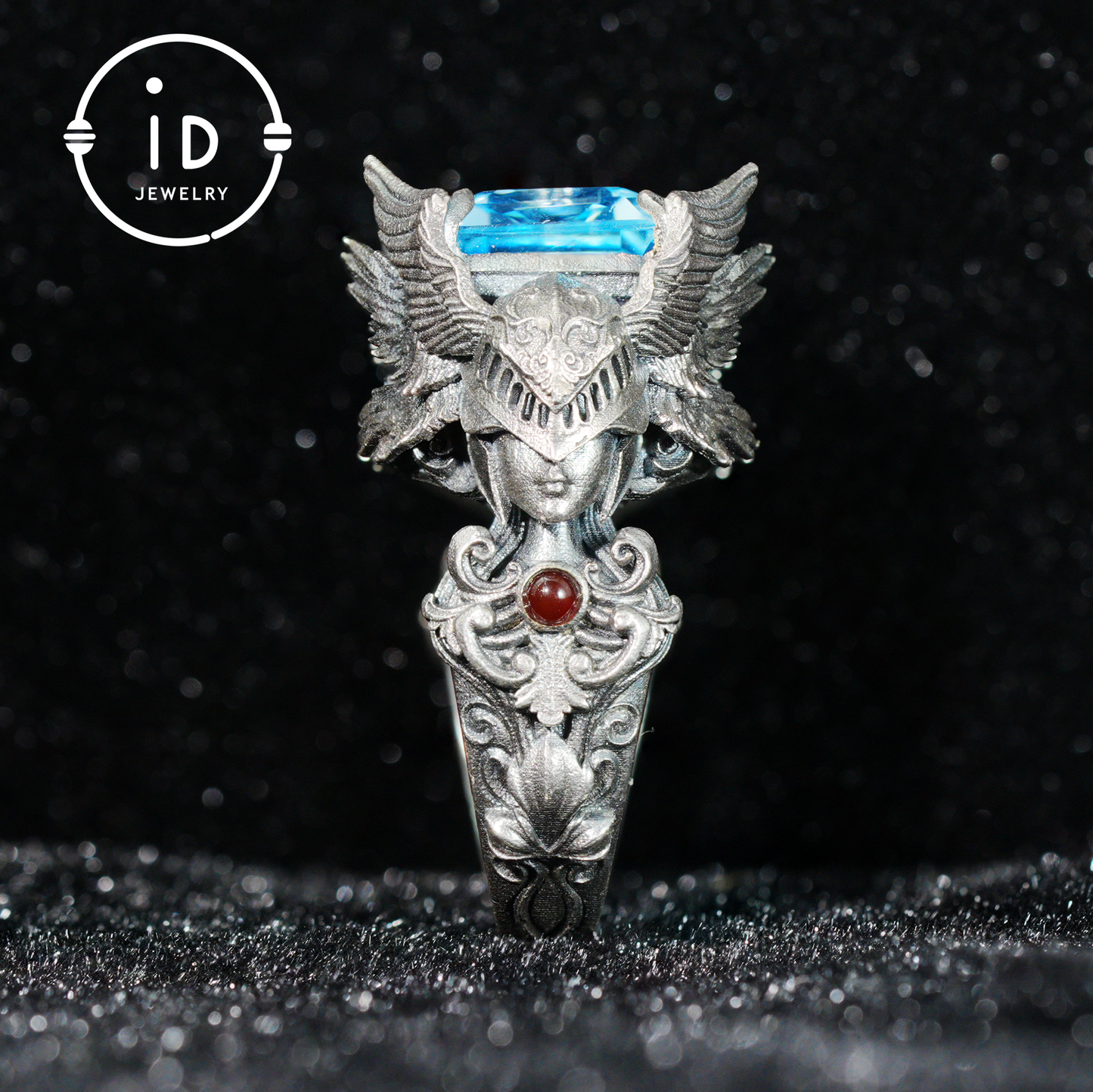 Valkyrie Ring | Blue Topa Stone winged Helmet Design | Nordic Mythical Warrior Goddess Style Handmade Ring