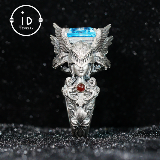 Valkyrie Ring | Blue Topa Stone winged Helmet Design | Nordic Mythical Warrior Goddess Style Handmade Ring