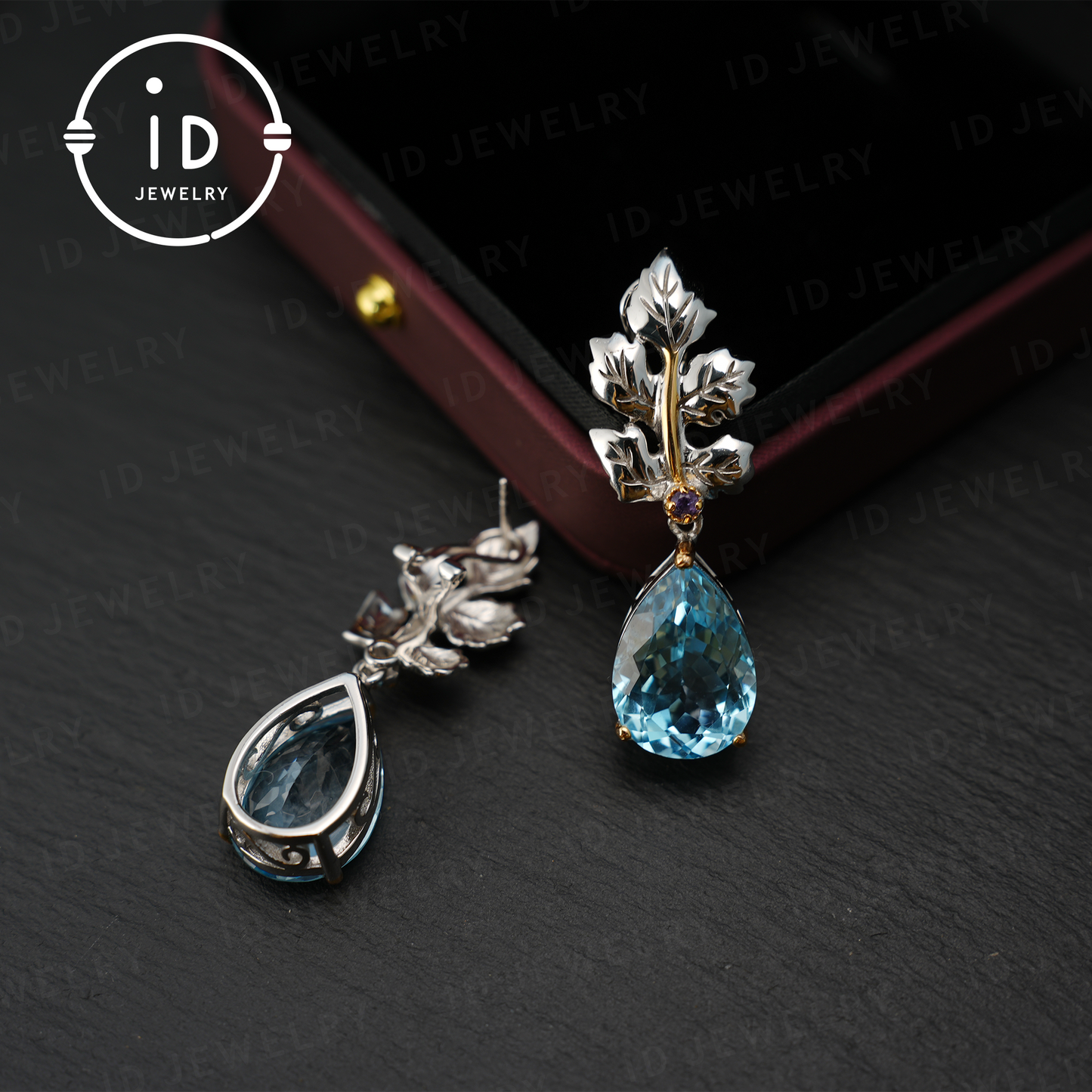 Handmade Blue Topaz Earrings | Nature-Inspired Leaf Earrings | Vintage Style | 18K Gold Plated| Elegant Jewelry| Gift for Her