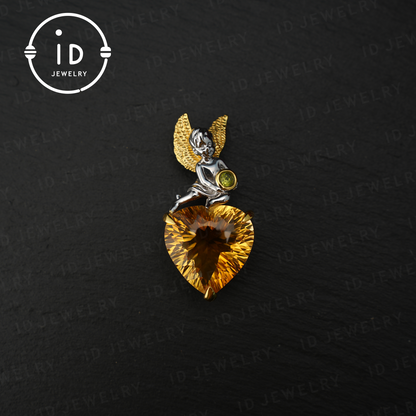 Angel Citrine Pendant, Heart Shaped Yellow Gemstone, 925 Silver Jewelry, Handmade Gift for Women, Birthday Gift, Guardian Angel Jewelry