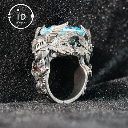 Valkyrie Ring | Blue Topa Stone winged Helmet Design | Nordic Mythical Warrior Goddess Style Handmade Ring