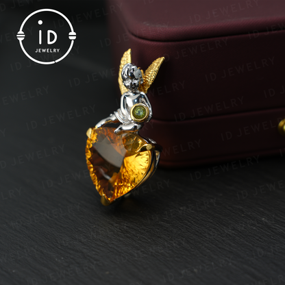 Angel Citrine Pendant, Heart Shaped Yellow Gemstone, 925 Silver Jewelry, Handmade Gift for Women, Birthday Gift, Guardian Angel Jewelry