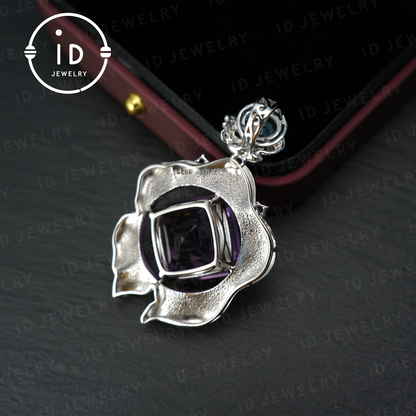 Handmade amethyst flower pendant, vintage style, large gemstone pendant, unique design