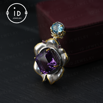 Handmade amethyst flower pendant, vintage style, large gemstone pendant, unique design