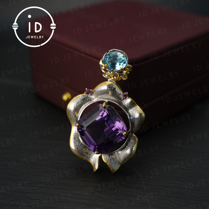 Handmade amethyst flower pendant, vintage style, large gemstone pendant, unique design