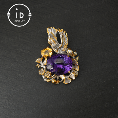 Handmade Amethyst Pendant & Brooch| Vintage Bird Design| Nature Inspired Jewelry| K Gold Plated| Gemstone Statement Piece