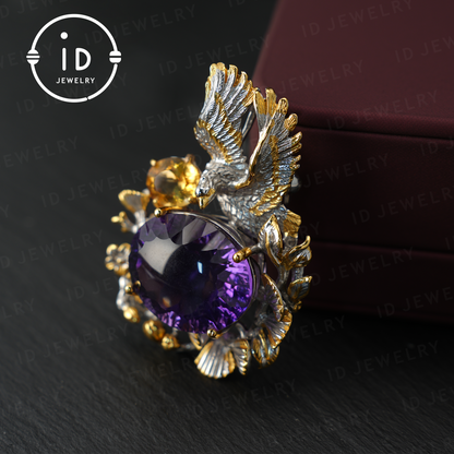 Handmade Amethyst Pendant & Brooch| Vintage Bird Design| Nature Inspired Jewelry| K Gold Plated| Gemstone Statement Piece
