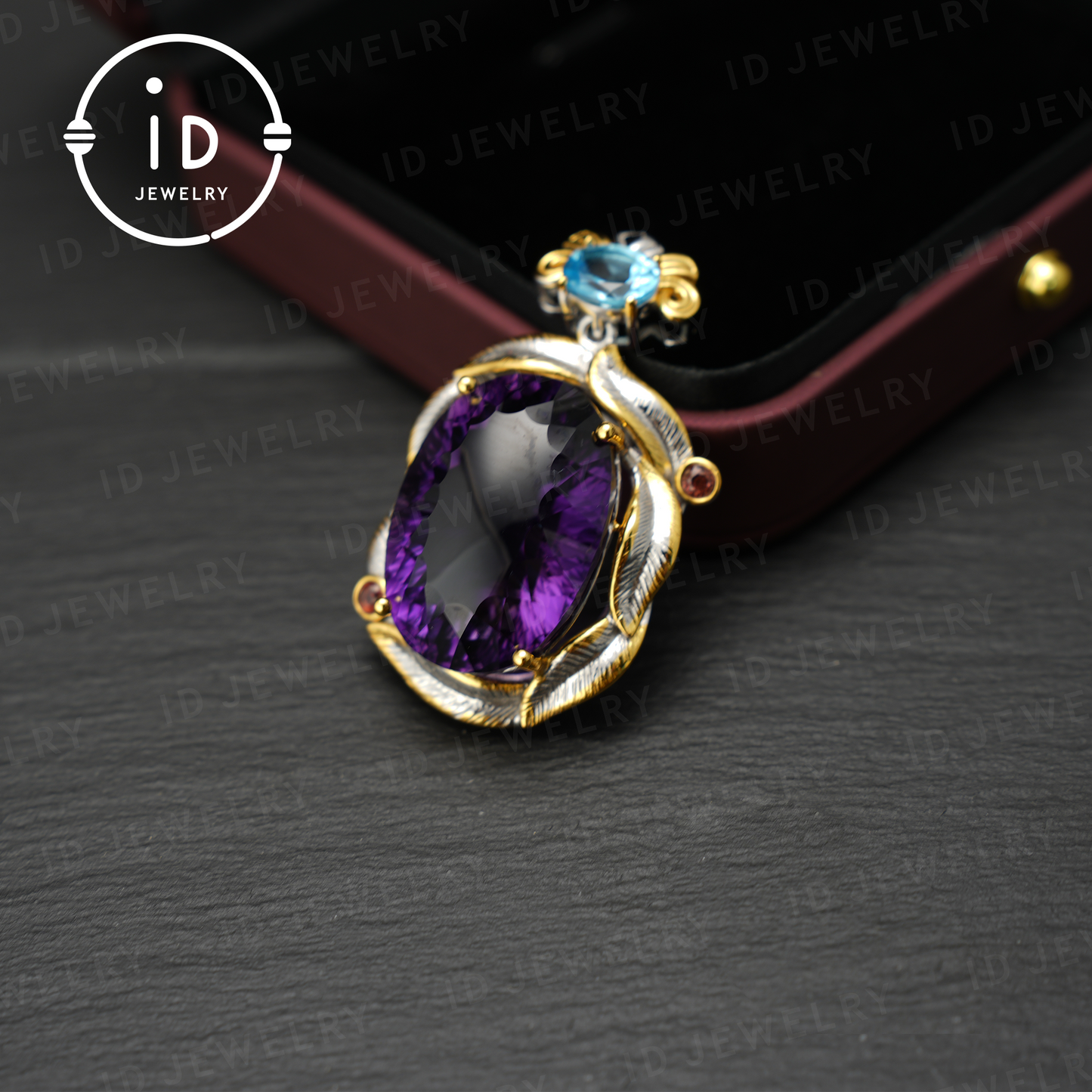 Natural Amethyst Pendant with Swiss Blue Topaz, 925 Silver Gold Plated, Baroque Vintage Royalcore Jewelry, Statement Necklace, Gift for Her Birthday Christmas