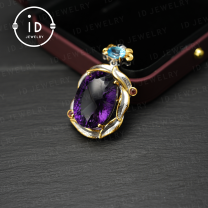 Natural Amethyst Pendant with Swiss Blue Topaz, 925 Silver Gold Plated, Baroque Vintage Royalcore Jewelry, Statement Necklace, Gift for Her Birthday Christmas