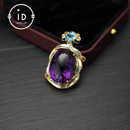 Natural Amethyst Pendant with Swiss Blue Topaz, 925 Silver Gold Plated, Baroque Vintage Royalcore Jewelry, Statement Necklace, Gift for Her Birthday Christmas