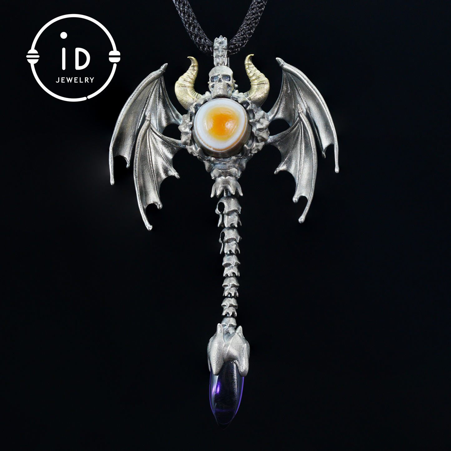 Gothic Totem Pendant | Amethyst Drop & Opal Eye | Handmade 925 Silver & Brass Necklace for Him
