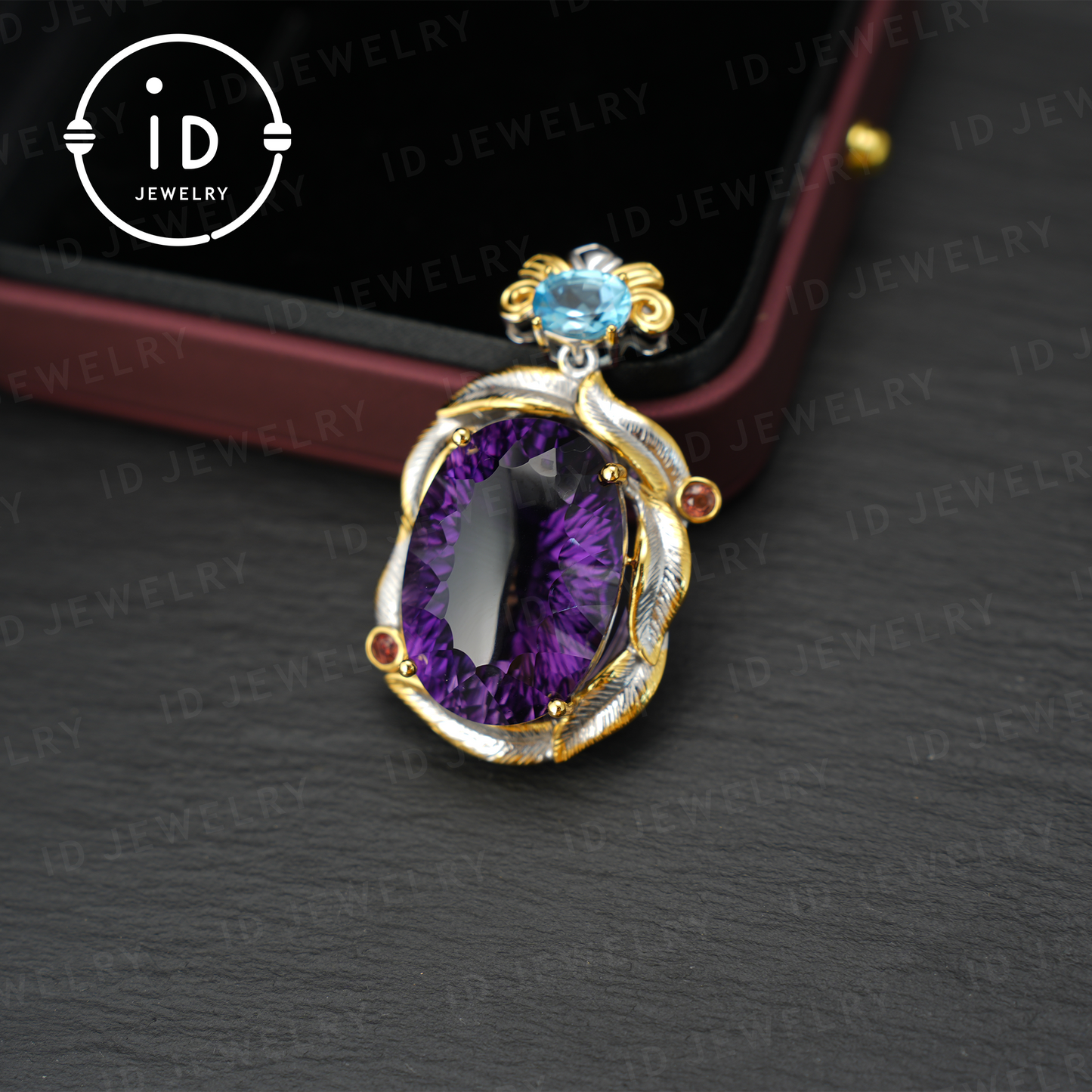 Natural Amethyst Pendant with Swiss Blue Topaz, 925 Silver Gold Plated, Baroque Vintage Royalcore Jewelry, Statement Necklace, Gift for Her Birthday Christmas