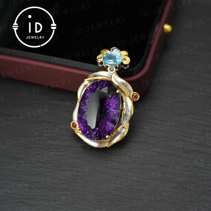 Natural Amethyst Pendant with Swiss Blue Topaz, 925 Silver Gold Plated, Baroque Vintage Royalcore Jewelry, Statement Necklace, Gift for Her Birthday Christmas