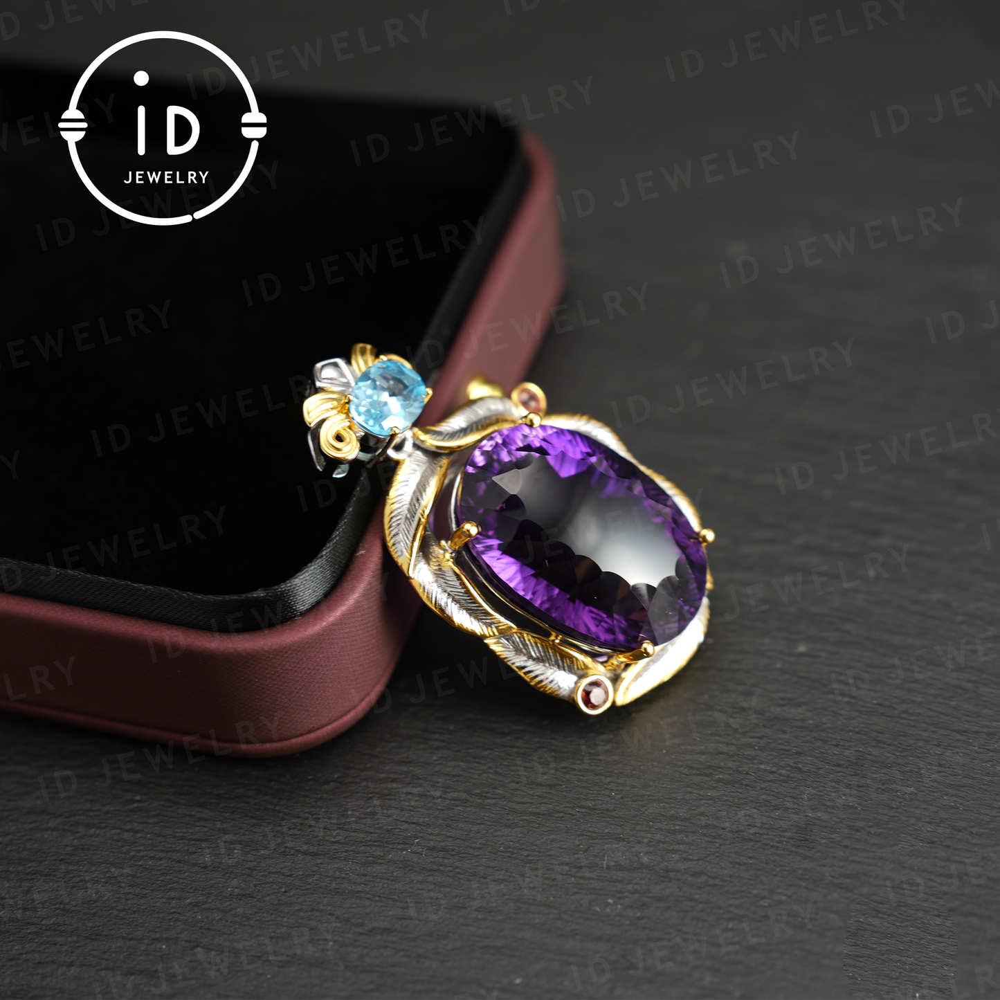 Natural Amethyst Pendant with Swiss Blue Topaz, 925 Silver Gold Plated, Baroque Vintage Royalcore Jewelry, Statement Necklace, Gift for Her Birthday Christmas