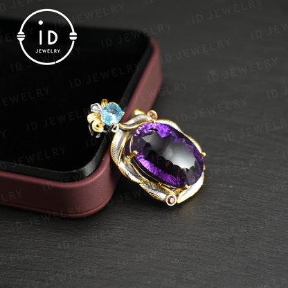 Natural Amethyst Pendant with Swiss Blue Topaz, 925 Silver Gold Plated, Baroque Vintage Royalcore Jewelry, Statement Necklace, Gift for Her Birthday Christmas