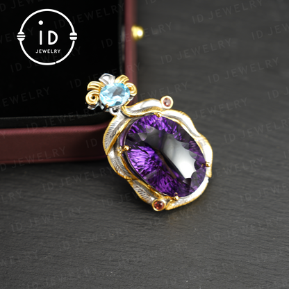 Natural Amethyst Pendant with Swiss Blue Topaz, 925 Silver Gold Plated, Baroque Vintage Royalcore Jewelry, Statement Necklace, Gift for Her Birthday Christmas