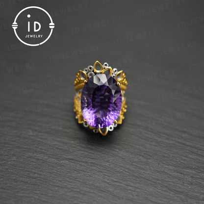 Natural Amethyst Ring, Vintage Style, 18K Gold Plated, Statement Jewelry, Engagement Ring, Luxury Gemstone Jewelry, Gift for Women