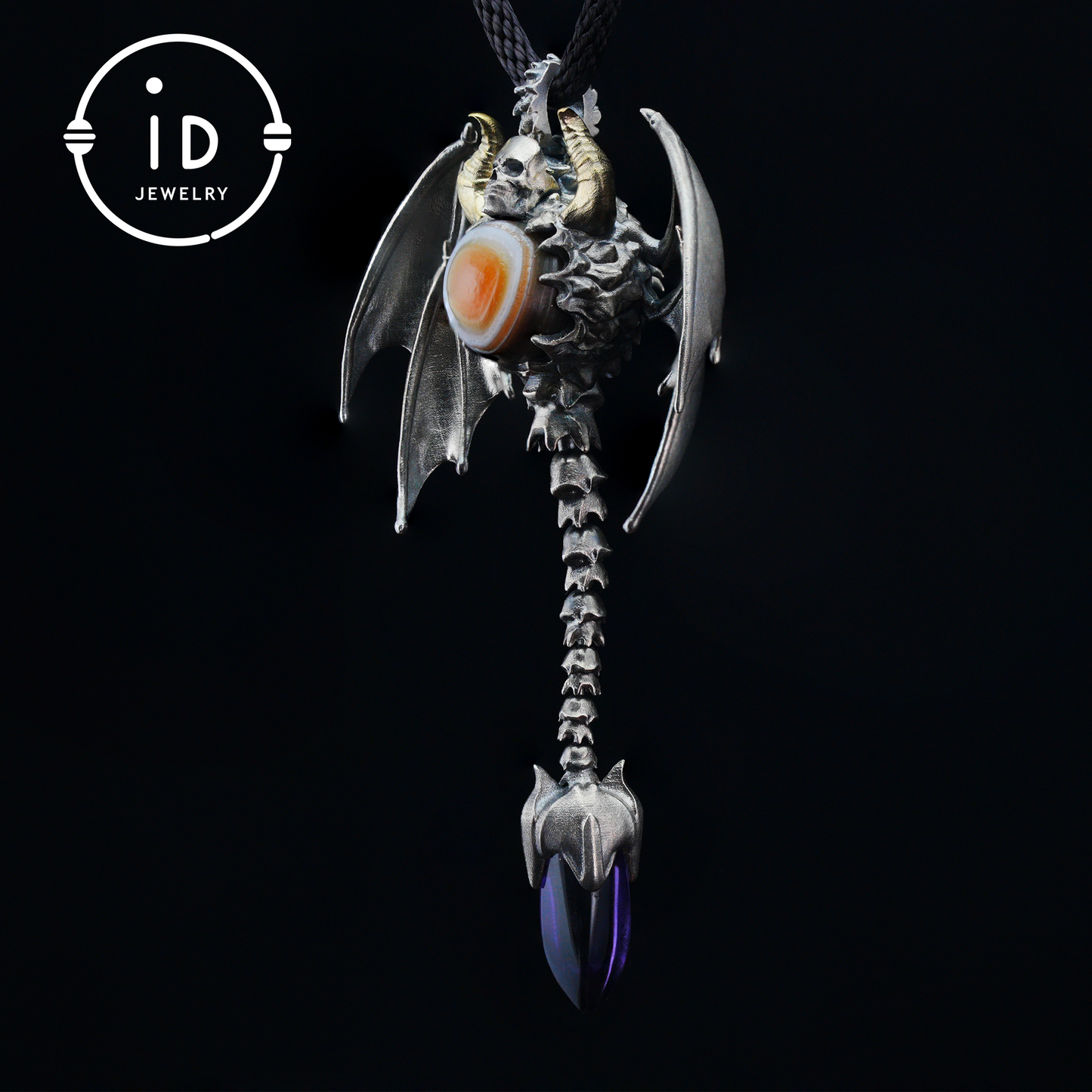 Gothic Totem Pendant | Amethyst Drop & Opal Eye | Handmade 925 Silver & Brass Necklace for Him