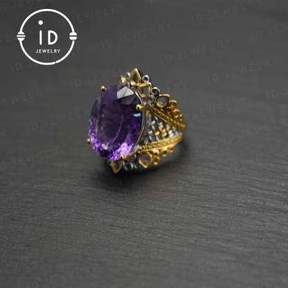 Natural Amethyst Ring, Vintage Style, 18K Gold Plated, Statement Jewelry, Engagement Ring, Luxury Gemstone Jewelry, Gift for Women