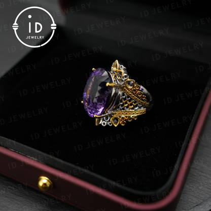 Natural Amethyst Ring, Vintage Style, 18K Gold Plated, Statement Jewelry, Engagement Ring, Luxury Gemstone Jewelry, Gift for Women