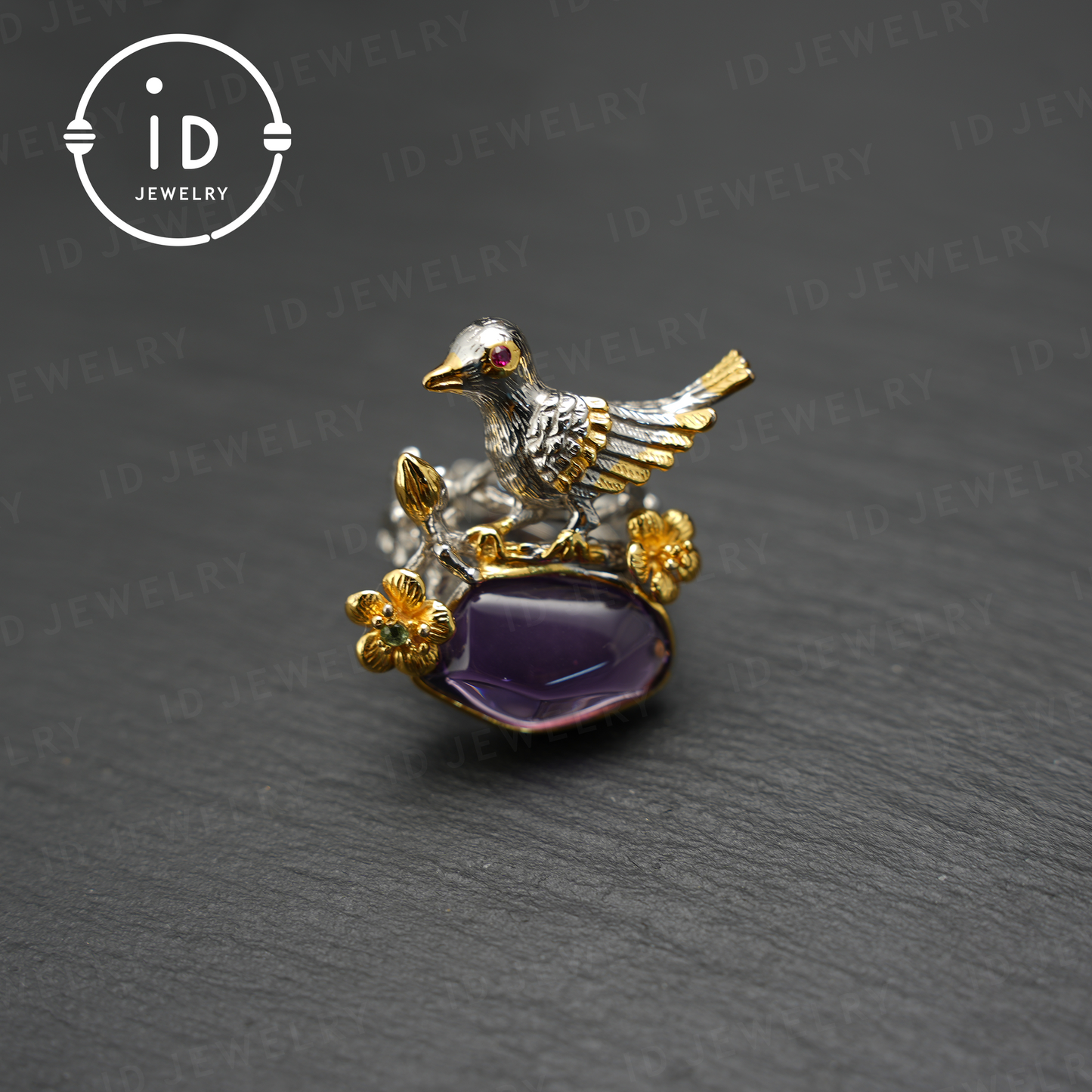 Handmade amethyst bird and flower ring, gold plated design, perfect gift for engagement or anniversary