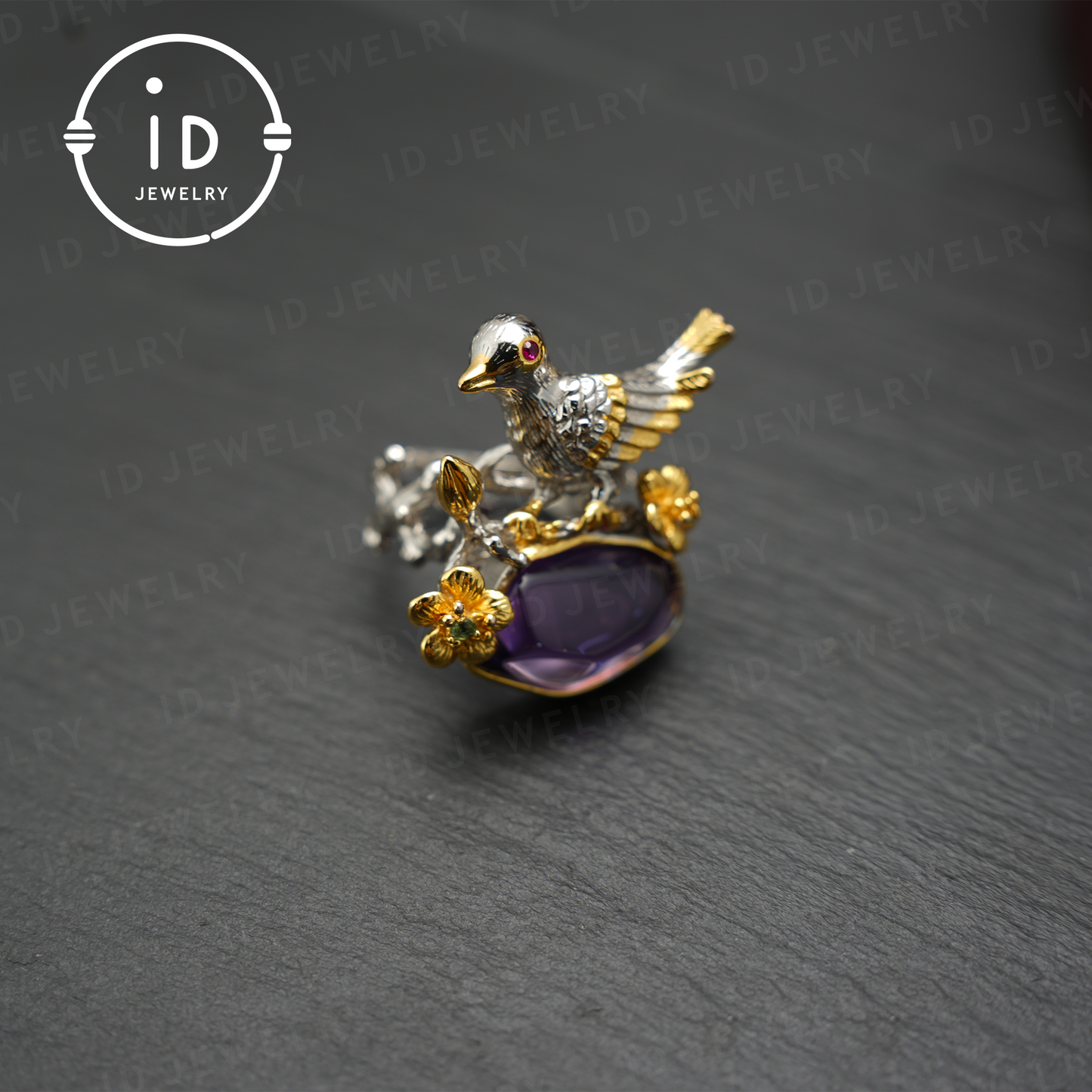 Handmade amethyst bird and flower ring, gold plated design, perfect gift for engagement or anniversary