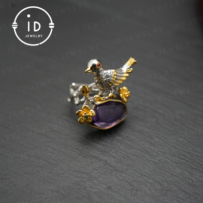Handmade amethyst bird and flower ring, gold plated design, perfect gift for engagement or anniversary