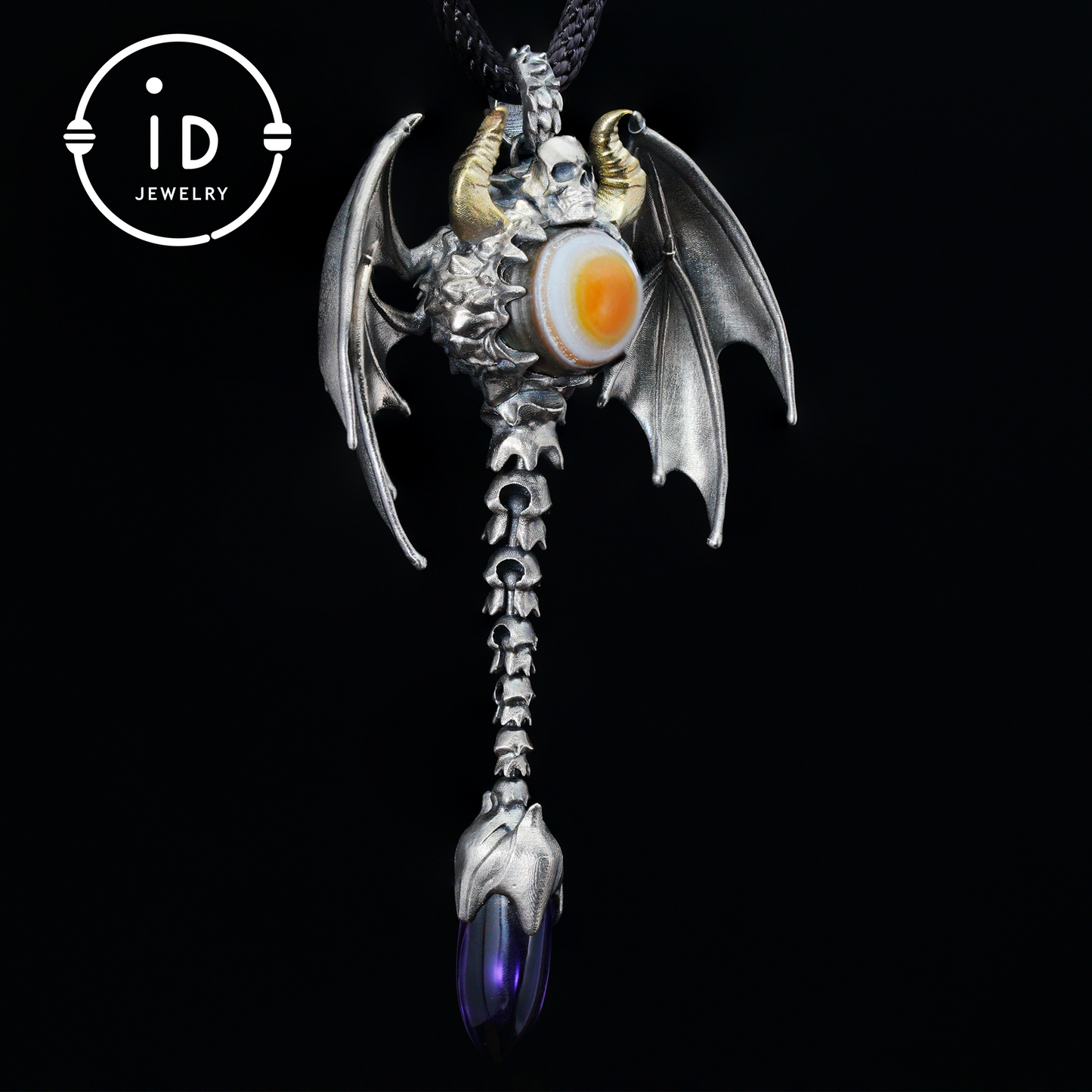 Gothic Totem Pendant | Amethyst Drop & Opal Eye | Handmade 925 Silver & Brass Necklace for Him