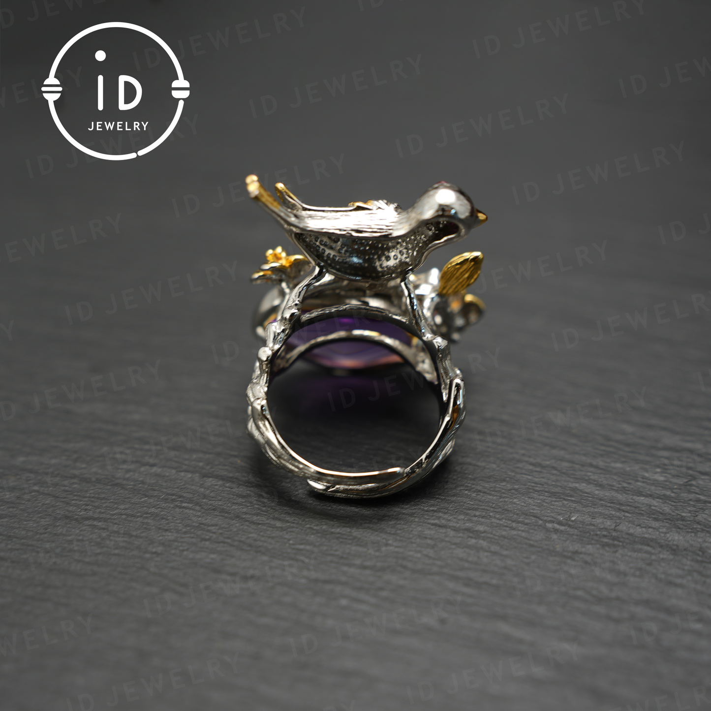 Handmade amethyst bird and flower ring, gold plated design, perfect gift for engagement or anniversary