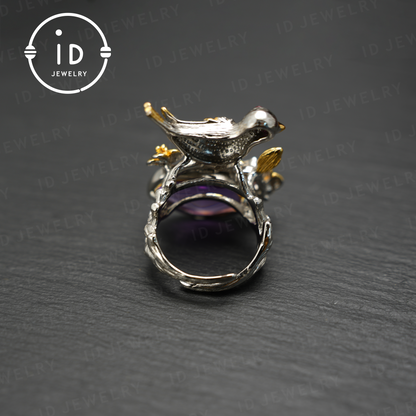 Handmade amethyst bird and flower ring, gold plated design, perfect gift for engagement or anniversary