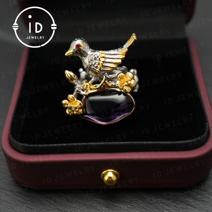 Handmade amethyst bird and flower ring, gold plated design, perfect gift for engagement or anniversary