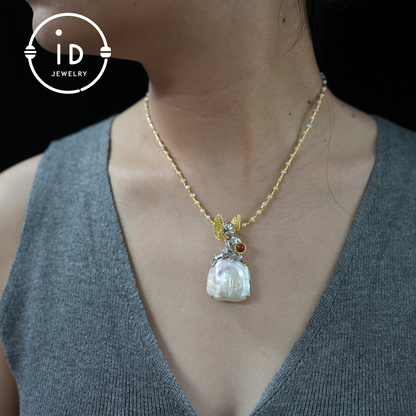 Handmade Angel Pendant | Baroque Pearl Jewelry with Carnelian | Amulet Gift | Fantasy Art Jewelry