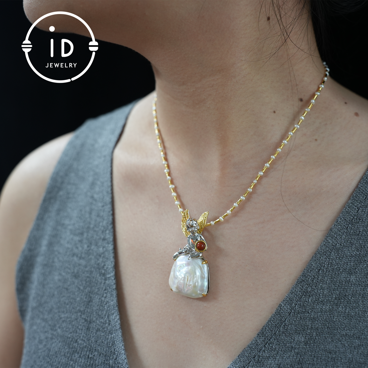 Handmade Angel Pendant | Baroque Pearl Jewelry with Carnelian | Amulet Gift | Fantasy Art Jewelry