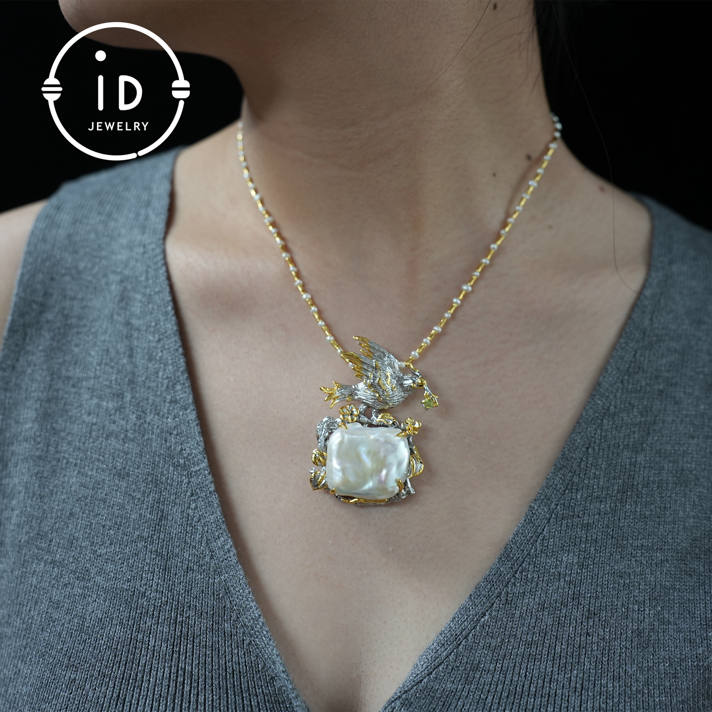 Baroque Pearl Bird Pendant | Handmade Fantasy Nature Jewelry | Artistic Statement Pendant | Gift for Women