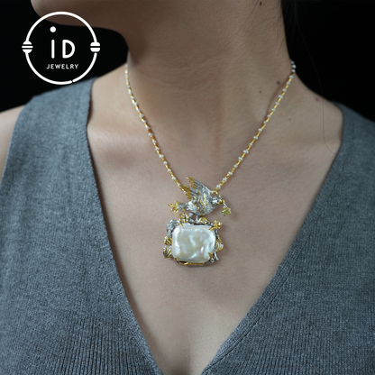 Baroque Pearl Bird Pendant | Handmade Fantasy Nature Jewelry | Artistic Statement Pendant | Gift for Women