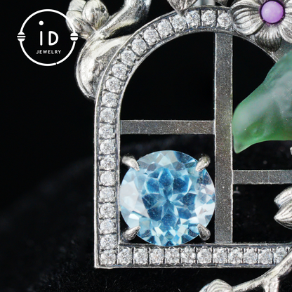 Green Bird Pendant Necklace at Window | Hand-Carved Silver Floral Bird Jewelry | Whimsical Springtime Gift for Nature Lovers and Dreamers