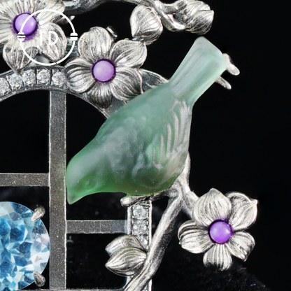 Green Bird Pendant Necklace at Window | Hand-Carved Silver Floral Bird Jewelry | Whimsical Springtime Gift for Nature Lovers and Dreamers