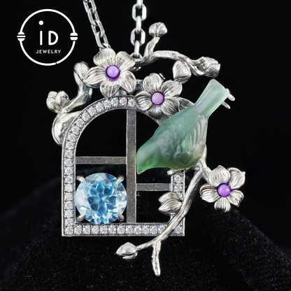 Green Bird Pendant Necklace at Window | Hand-Carved Silver Floral Bird Jewelry | Whimsical Springtime Gift for Nature Lovers and Dreamers